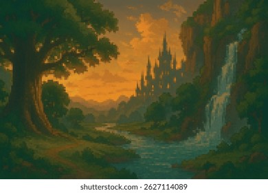 Golden sunset over castle with trees and waterfall. A warm fantasy world in retro pixel style for game landscapes.