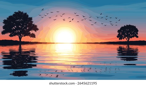 Golden Sunset Over Tranquil Waters With Silhouetted Trees and Flying Birds