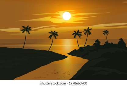 Golden sunset in tropical beach