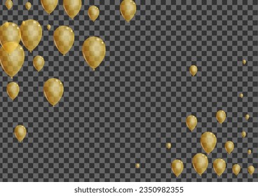 Golden Surprise Background Transparent Vector. Ballon Art Border. Yellow Anniversary Air. Baloon Rubber Illustration.