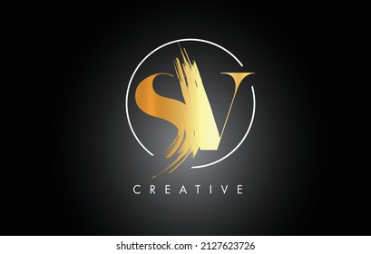 Golden SV Brush Stroke Letter Logo Design. Black Paint Logo Leters Icon with Elegant Circle Vector Design.