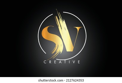 Golden SV Brush Stroke Letter Logo Design. Black Paint Logo Leters Icon with Elegant Circle Vector Design.