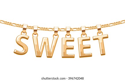 Golden SWEET word pendant on chain necklace. Jewelry design.