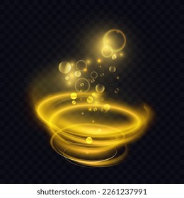 Golden swirl with glowing light effect vector illustration. Abstract gold glow of bokeh circles and sparkle bubbles flying out of shiny spiral magic speed line of star motion, spin of energy trail