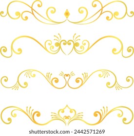 Golden swirl lines calligraphy ornament set isolated on white background for luxury graphic design