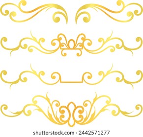 Golden swirl lines calligraphy ornament set isolated on white background for luxury graphic design