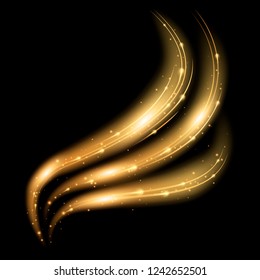 Líneas doradas de remolinos con efecto ligero. Elemento espumoso vectorial. Olas dinámicas en movimiento