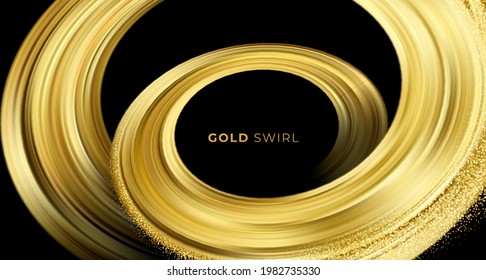 Goldener Swirl auf schwarzem Hintergrund. Abstraktes, glänzendes Element mit goldenem Wellendesign. Vektorgrafik EPS10