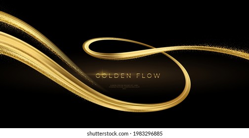 Golden Swirl On Black Background. Abstract Shiny Color Gold Wave Design Element. Vector Illustration EPS10