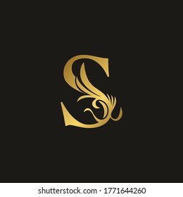 Golden Swirl Ornate Initial Letter S Logo Icon, Vector Letter With Ornate Swirl Deco Clipart Template Design.