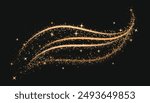 Golden swirl sparkling on black background. Vector realistic illustration of magic power effect, yellow shimmering light trail with shimmering stardust particles, Christmas fairytale miracle vortex