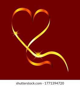 Golden swirling ribbon in the shape of a heart with shining stars. Design element for greeting cards for Valentines Day. For the design of banners, cards and sites, for frames. Vector.