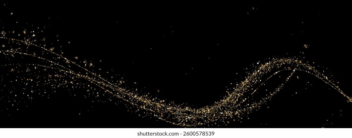 golden swirling sparkle effect with luxurious glowing trails, abstract waves, and shimmering motion. Perfect for holiday cards, invitations, banners, elegant designs, and festive backgrounds. Vector 