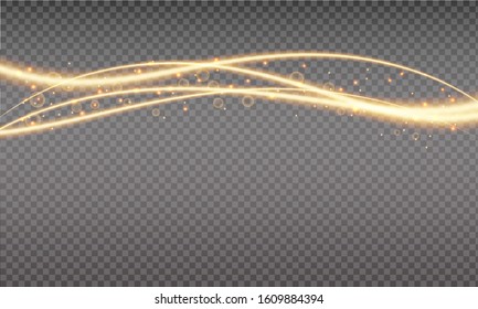 Golden swoosh, magic wave. Gold trail isolated on transparent background. Luminescent waved trail with bright bokeh and sparkles. Swoosh with stradust
