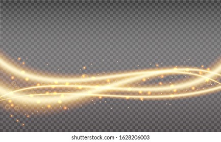 Golden swoosh, magic wave. Gold trail  isolated on transparent background. Luminescent waved trail with bright bokeh and sparkles. Swoosh with stradust.