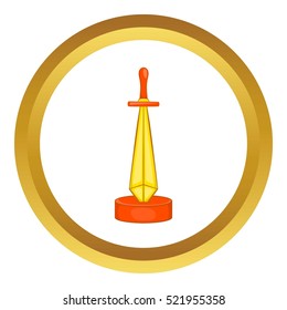 Golden sword award vector icon in golden circle, cartoon style isolated on white background