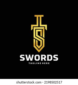 golden sword logo with letter s concept