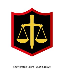 Golden sword and scales with shield. Vector logo. The theme of court and justice, jurisdiction and law. 