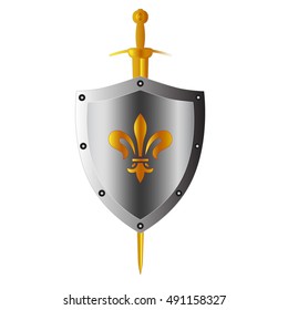Golden sword and steel shield with fleur de lis.