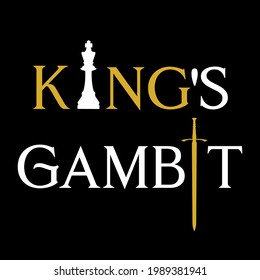 Golden sword with white text color and white chess piece king isolated on black background. Bank for printing souvenirs (T-shirt, pillow, magnet, mug, cup).