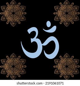 Golden symbol of Aum Om Ohm on a black background with decorative ornaments, mandala.