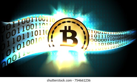 Golden symbol of cryptocurrency bitcoin exchanges currency signs for binary code, well organized layers