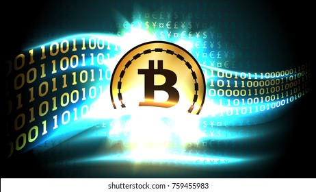 Golden symbol of cryptocurrency bitcoin exchanges currency signs for binary code, well organized layers