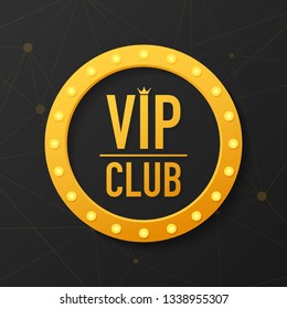 Golden symbol of exclusivity, the label VIP with glitter. Vip club label on Black background. Vector stock illustration.