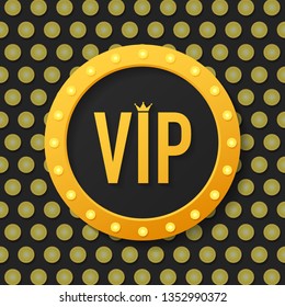 Golden symbol of exclusivity, the label VIP with glitter. Very important person - VIP icon on dark background Sign of exclusivity with bright, Golden glow. Vector stock illustration.