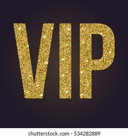 Golden symbol of exclusivity, the label VIP with glitter. Very important person - VIP icon on dark background