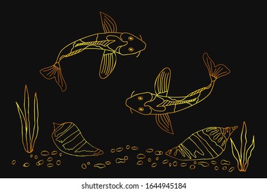 Golden symbol of good luck and prosperity, Koi fish. Cartoon hand-drawn. Outline sketches drawn on a black background. Vector illustration.