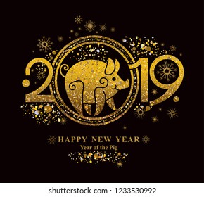 Golden symbol on black Pig 2019 in the Chinese calendar. Beautiful New Year card with the symbol of the year Golden Pig.