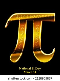 Golden symbol PI with numbers on the surface of the symbol isolated on black background, National Pi Day March 14