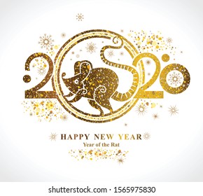 Golden symbol Rat 2020 in the Chinese calendar. Beautiful New Year card with the symbol of the year metal Rat.