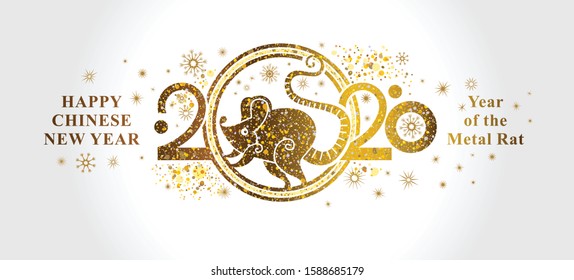 Golden symbol Rat 2020 in the Chinese calendar. Horizontal web banner with a gold symbol on a light background and lettering. Beautiful New Year illustration with the symbol of the year metal Rat.
