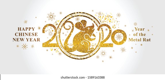 Golden symbol Rat 2020 in the Chinese calendar. Horizontal web banner with a gold symbol on a light background and lettering. Beautiful New Year illustration with the symbol of the year metal Rat.
 