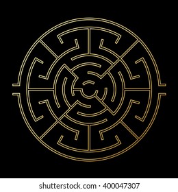 Golden Symbol Round Maze. Two right ways labyrinth. Gold color shape at black background. Unique brain exercise abstract design element. Idea for logo or corporate identity. Vector illustration.