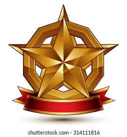 Golden symbol with stylized pentagonal glossy star and red decorative curvy ribbon, best for use in web and graphic design. Sophisticated gold ring isolated on white background.