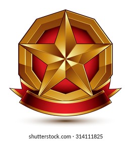 Golden symbol with stylized pentagonal glossy star and red decorative curvy ribbon, best for use in web and graphic design. Sophisticated gold ring isolated on white background.