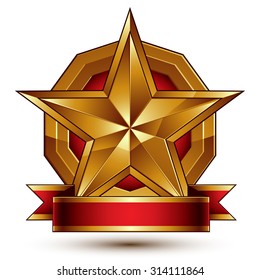 Golden symbol with stylized pentagonal glossy star and red decorative curvy ribbon, best for use in web and graphic design. Sophisticated gold ring isolated on white background.