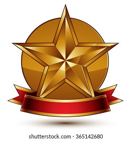 Golden symbol with stylized pentagonal glossy star and red decorative curvy ribbon, best for use in web and graphic design. Vector sophisticated gold ring isolated on white background
