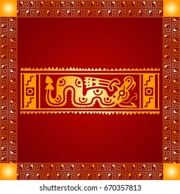 Golden symbolic vector ornaments of American native Indians, Aztec and Maya