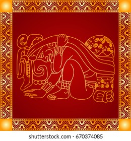 Golden symbolic vector ornaments of American native Indians, Aztec and Maya