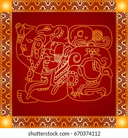 Golden symbolic vector ornaments of American native Indians, Aztec and Maya
