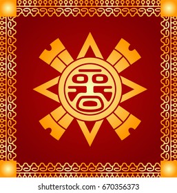 Golden symbolic vector ornaments of native American Indians, Aztec and Maya