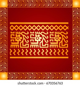 Golden symbolic vector ornaments of native American Indians, Aztec and Maya