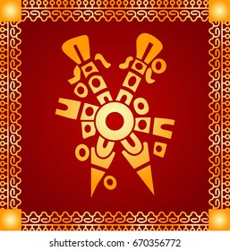 Golden symbolic vector ornaments of native American Indians, Aztec and Maya