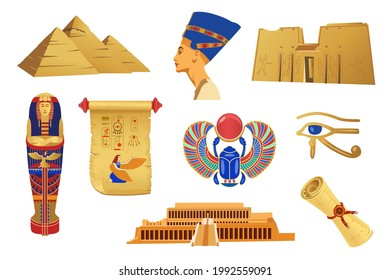 Símbolos dorados de la antigua ilustración vectorial de Egipto. Caricatura Sphynx, Nefertiti, estatua del faraón, monumentos, sarcófago aislado en fondo blanco. Historia, egiptología, concepto de cultura