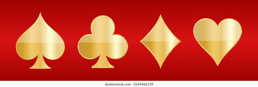 Símbolos dourados de cartas de baralho. Espadas, paus, copas, diamantes. Ilustração vetorial
