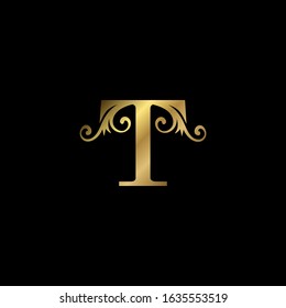 Golden T Initial Letter luxury logo icon, vintage luxurious vector design concept alphabet letter for luxuries business.